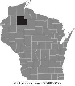 Mapa de ubicación resaltado en negro del condado de Sawyer dentro del mapa administrativo gris del estado federal de Wisconsin, EE.UU.