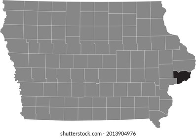 Black highlighted location map of the Scott County inside gray map of the Federal State of Iowa, USA