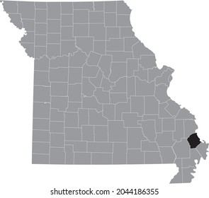 Black highlighted location map of the Scott County inside gray map of the Federal State of Missouri, USA