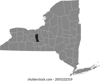 Black highlighted location map of the Seneca County inside gray map of the Federal State of New York, USA