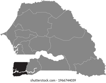 Black highlighted location map of the Senegalese Ziguinchor region inside gray map of the Republic of Senegal