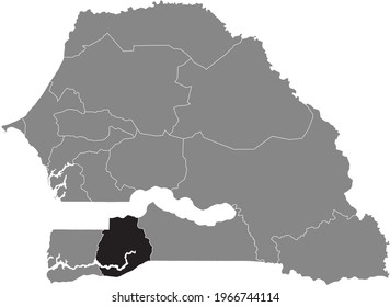 Black highlighted location map of the Senegalese Sédhiou region inside gray map of the Republic of Senegal