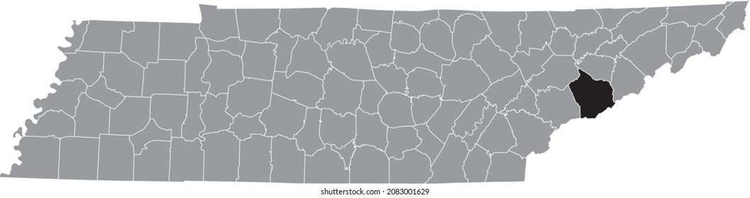 Black highlighted location map of the Sevier County inside gray administrative map of the Federal State of Tennessee, USA