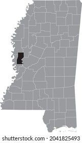Black highlighted location map of the Sharkey County inside gray map of the Federal State of Mississippi, USA