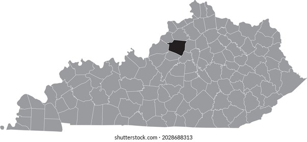 Black highlighted location map of the Shelby County inside gray map of the Federal State of Kentucky, USA