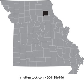 Black highlighted location map of the Shelby County	inside gray map of the Federal State of Missouri, USA