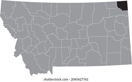 Black highlighted location map of the Sheridan County inside gray map of the Federal State of Montana, USA