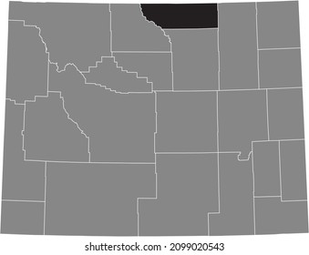 Black highlighted location map of the Sheridan County inside gray administrative map of the Federal State of Wyoming, USA