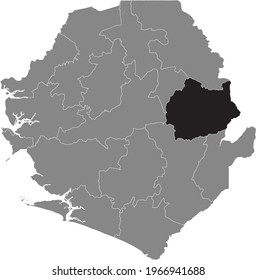 Black highlighted location map of the Sierra Leonean Kono district inside gray map of the Republic of Sierra Leone