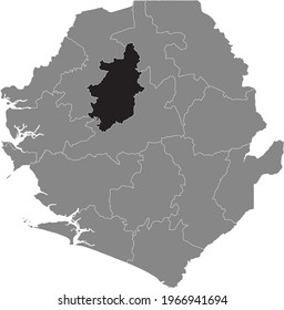 Black highlighted location map of the Sierra Leonean Bombali district inside gray map of the Republic of Sierra Leone