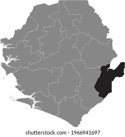 Black highlighted location map of the Sierra Leonean Kailahun district inside gray map of the Republic of Sierra Leone