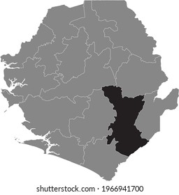 Black highlighted location map of the Sierra Leonean Kenema district inside gray map of the Republic of Sierra Leone