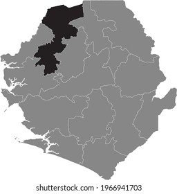 Black highlighted location map of the Sierra Leonean Karene district inside gray map of the Republic of Sierra Leone