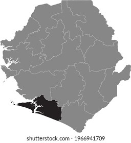 Mapa de ubicación resaltado en negro del distrito de Bonthe de Sierra Leona dentro del mapa gris de la República de Sierra Leona