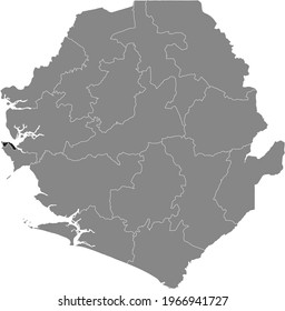 Black highlighted location map of the Sierra Leonean Western Area Urban district inside gray map of the Republic of Sierra Leone