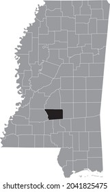 Black highlighted location map of the Simpson County inside gray map of the Federal State of Mississippi, USA