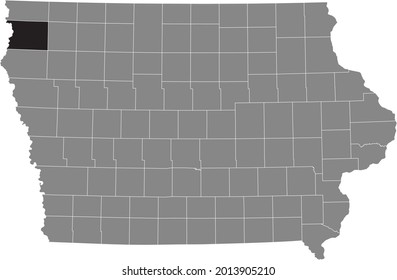 Black highlighted location map of the Sioux County inside gray map of the Federal State of Iowa, USA