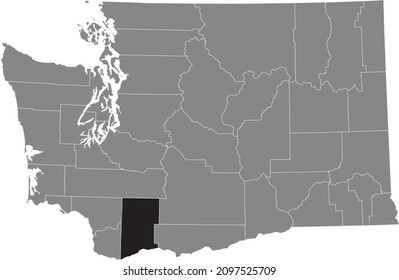 Black highlighted location map of the Skamania County inside gray administrative map of the Federal State of Washington, USA