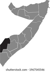 Schwarz hervorgehobene Ortskarte der somalischen Gedo-Region auf der grauen Karte der Bundesrepublik Somalia