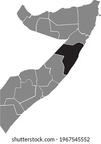 Black highlighted location map of the Somali Mudug region inside gray map of the Federal Republic of Somalia