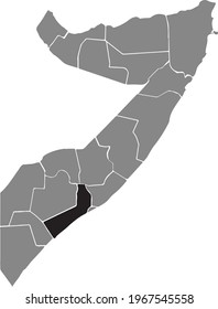 Black highlighted location map of the Somali Lower Shabelle (Shabeellaha Hoose) region inside gray map of the Federal Republic of Somalia