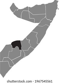 Black highlighted location map of the Somali Bakool region inside gray map of the Federal Republic of Somalia