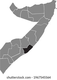 Black highlighted location map of the Somali Middle Shabelle (Shabeellaha Dhexe) region inside gray map of the Federal Republic of Somalia