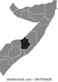 Schwarz hervorgehobene Standortkarte der somalischen Region Hiran auf der grauen Karte der Bundesrepublik Somalia