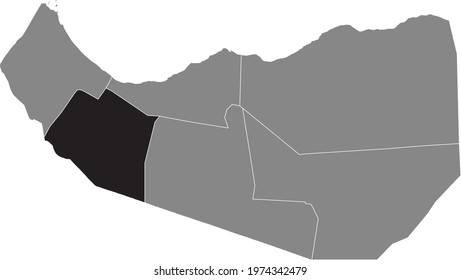 Black highlighted location map of the Somalilander Marodi Jeh region inside gray map of the Republic of Somaliland