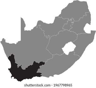 Black highlighted location map of the South African Western Cape province inside gray map of the Republic of South Africa