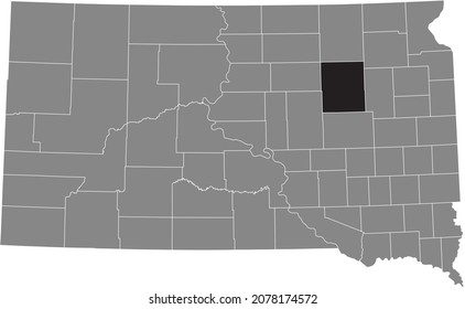 Black highlighted location map of the Spink County inside gray administrative map of the Federal State of South Dakota, USA