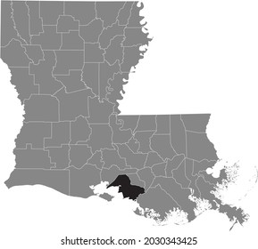 Black highlighted location map of the St. Mary Parish inside gray map of the Federal State of Louisiana, USA