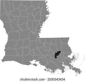 Black highlighted location map of the St. John the Baptist Parish inside gray map of the Federal State of Louisiana, USA
