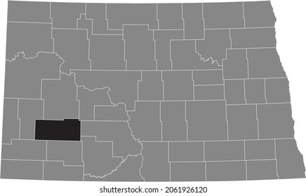 Black highlighted location map of the Stark County inside gray administrative map of the Federal State of North Dakota, USA