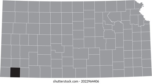 Black highlighted location map of the Stevens County inside gray map of the Federal State of Kansas, USA