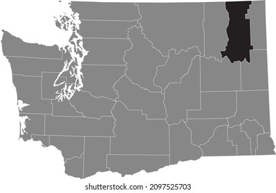 Black highlighted location map of the Stevens County inside gray administrative map of the Federal State of Washington, USA