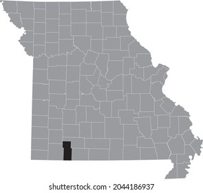 Black highlighted location map of the Stone County inside gray map of the Federal State of Missouri, USA