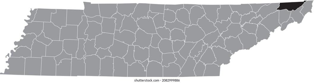 Schwarz hervorgehobene Standortkarte des Sullivan County in grauer Stadtplan des Bundesstaates Tennessee, USA