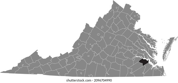 Black highlighted location map of the Surry inside gray administrative map of the Federal State of Virginia, USA