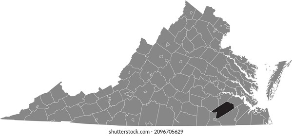 Black highlighted location map of the Sussex inside gray administrative map of the Federal State of Virginia, USA