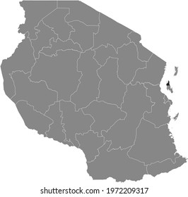 Black highlighted location map of the Tanzanian Unguja (Zanzibar) North region inside gray map of the United Republic of Tanzania