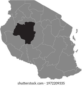 Black highlighted location map of the Tanzanian Tabora region inside gray map of the United Republic of Tanzania