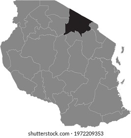 Black highlighted location map of the Tanzanian Arusha region inside gray map of the United Republic of Tanzania