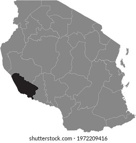 Black highlighted location map of the Tanzanian Rukwa region inside gray map of the United Republic of Tanzania