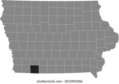 Black highlighted location map of the Taylor County inside gray map of the Federal State of Iowa, USA
