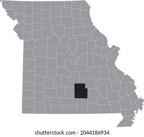 Black highlighted location map of the Texas County inside gray map of the Federal State of Missouri, USA