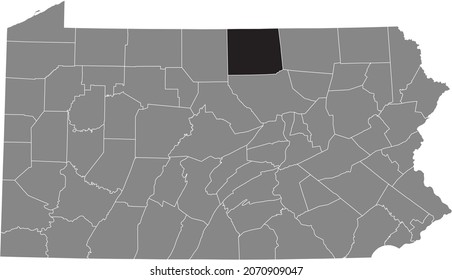 Black highlighted location map of the Tioga County inside gray administrative map of the Federal State of Pennsylvania, USA