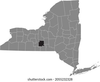 Black highlighted location map of the Tompkins County inside gray map of the Federal State of New York, USA
