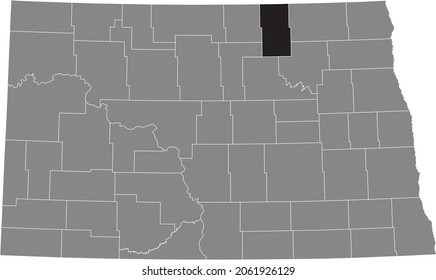 Black highlighted location map of the Towner County inside gray administrative map of the Federal State of North Dakota, USA