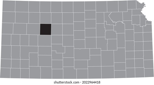 Black highlighted location map of the Trego County inside gray map of the Federal State of Kansas, USA